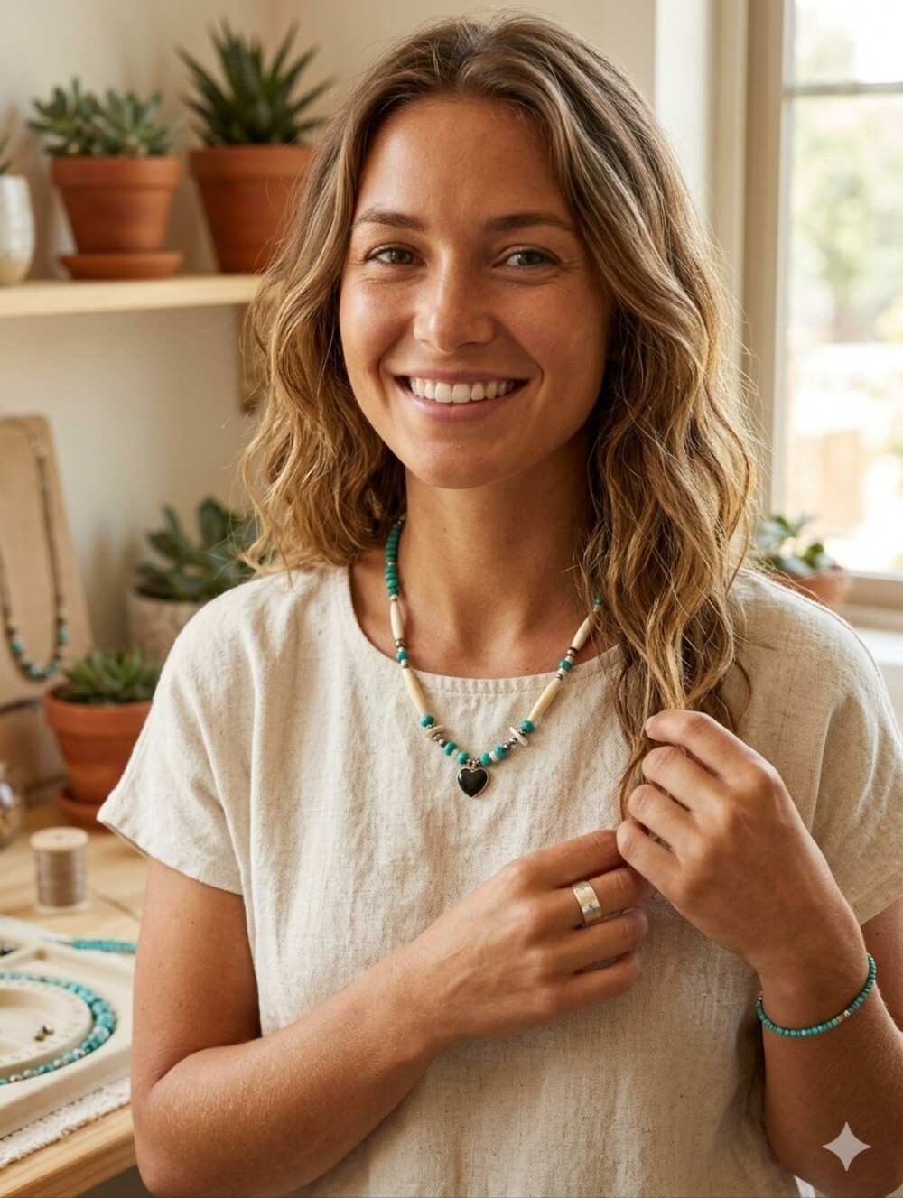Turquoise and Cream Heart Bone Beaded Handcrafted Pendant Necklace